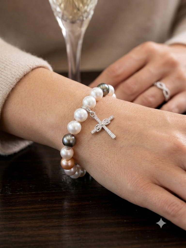 Jordyn II - White and Pink Pearl Bracelet with removable charm
